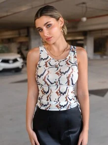 SHEIN Essnce 滿版印花側抽繩背心上衣 - 卡其色 - 查看 4