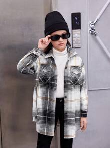 SHEIN Tween Girl Plaid Print Drop Shoulder Flap Pocket Belted Shirt Dress