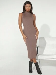 SHEIN BASICS 小高領高衩條紋針織毛衣洋裝 - 棕色 - 查看 3