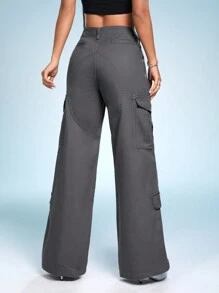 SHEIN ICON 側翻蓋口袋高腰牛仔褲 - 灰色 - 查看 2