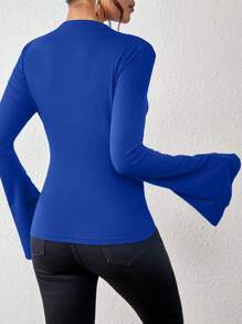 Chiquease Mock Neck Trumpet Sleeve Ruched Tee Fall Cloth For Women - Blue - View 2