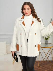 SHEIN Essnce Plus Two Tone Double Breasted Teddy Coat
