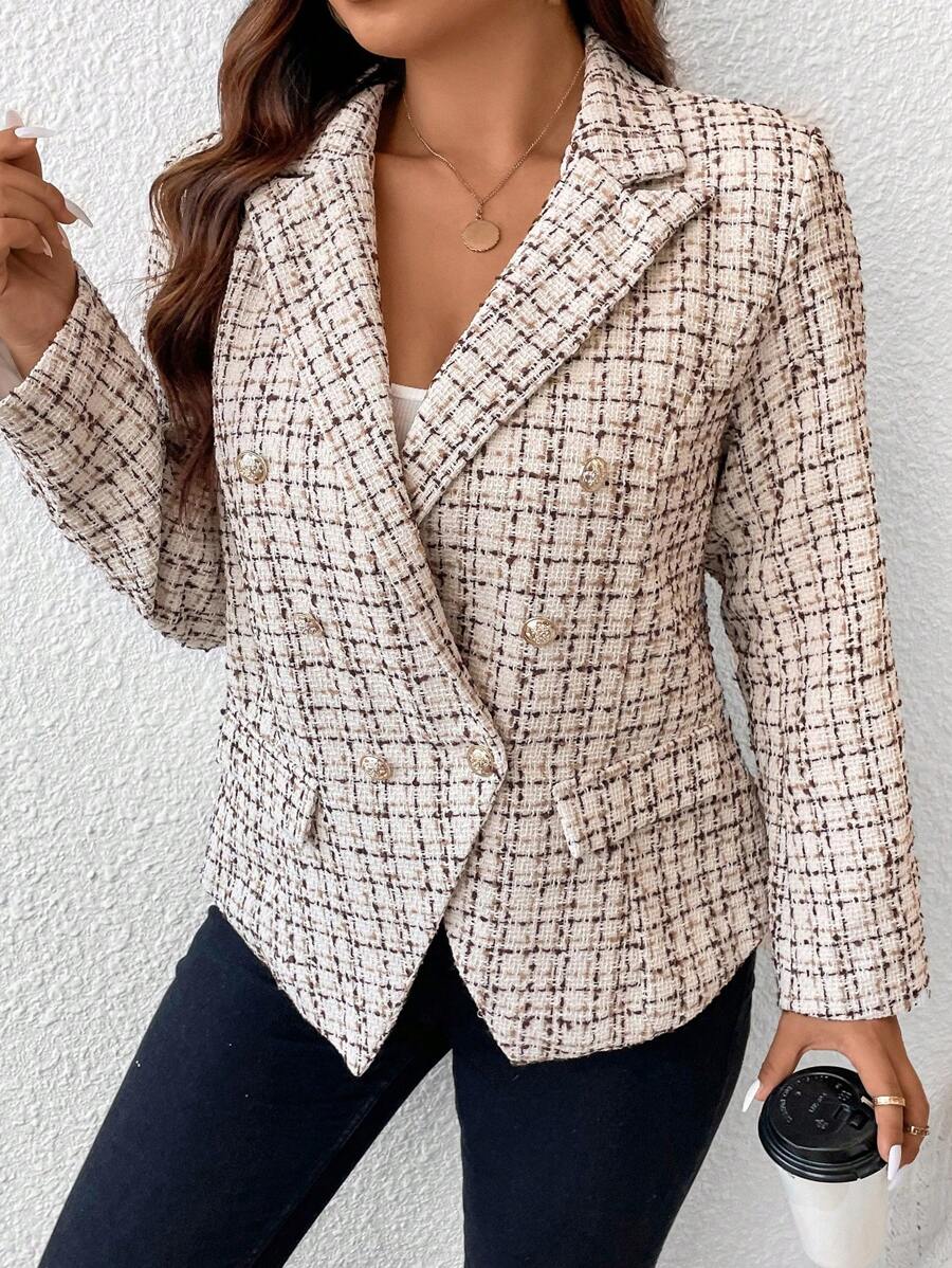 SHEIN Frenchy 大碼格紋雙排釦西裝外套 - 杏色 - 查看 1