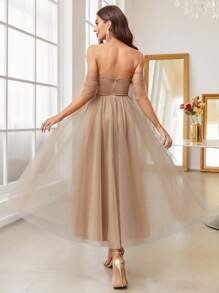 SHEIN Belle Off Shoulder Mesh Overlay Dress - Khaki - View 2