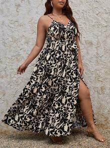 SHEIN Frenchy Plus Allover Print Split Thigh Belted Cami Dress - Multicolor - View 4