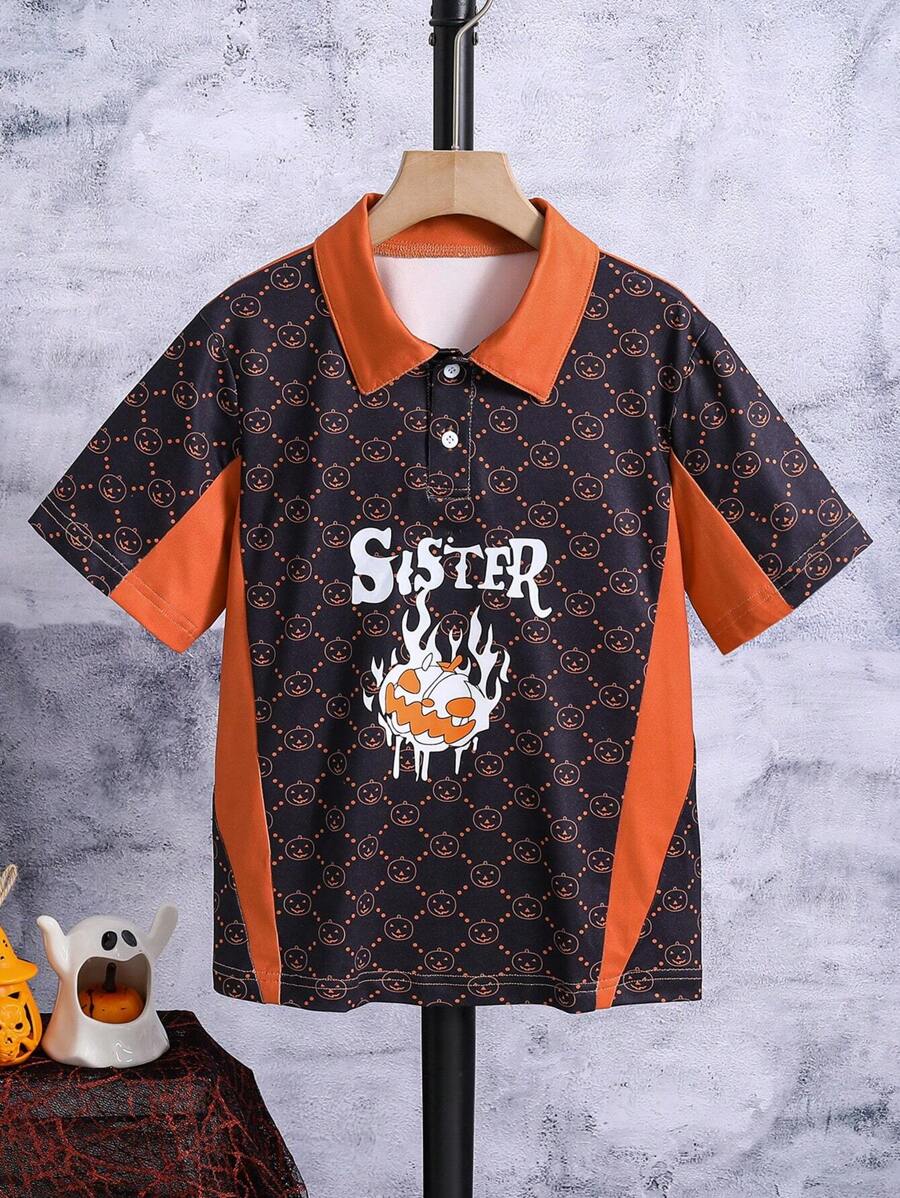 Tween Boy Letter & Cartoon Graphic Contrast Collar Polo Shirt - Multicolor - View 1