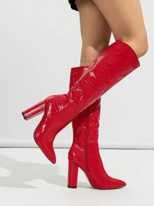 Fall/Winter Classic Crocodile Pattern Zipper Side Pointed Toe Mid-Calf Thick High Heel Boots,Knee High Boots,Party Outfits - Red - View 1
