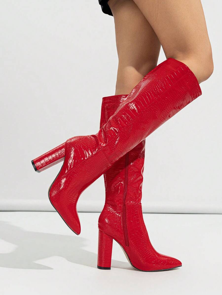 Fall/Winter Classic Crocodile Pattern Zipper Side Pointed Toe Mid-Calf Thick High Heel Boots,Knee High Boots,Party Outfits - Red - View 1