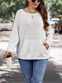 SHEIN LUNE 大碼袋鼠口袋插肩袖運動衫 - 白色 - 查看 1