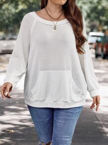 SHEIN LUNE 大碼袋鼠口袋插肩袖運動衫 - 白色 - 查看 5