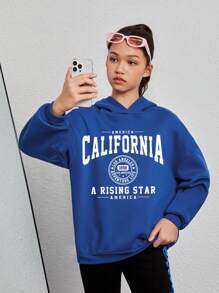 SHEIN Leap Crew 少女字母图案保暖内衬卫衣 - 藍色 - 查看 2