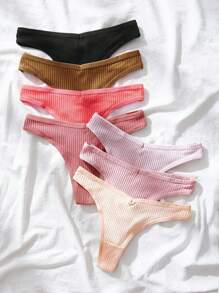 SHEIN 7 paquetes Tangas sexys de punto acanalado liso - Multicolor - Ver 3