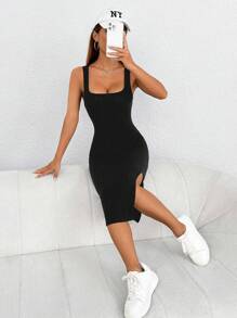 SHEIN PETITE Split Thigh Tank Dress,Summer Dresses For Women,Summer Dresses For Women - Black - View 5