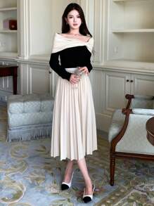 DAZY Áo len mỏng vừa vặn xoắn phía trước có bảng điều khiển tương phản, Áo trễ vai dễ thương cho mùa thu - màu đen - Xem 5