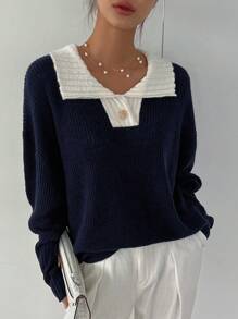 DAZY Contrast Collar Drop Shoulder Sweater,Long Sleeve Tops,Fall Clothes - Navy Blue - View 4