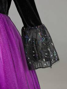 Tween Girl Contrast Lace Flounce Sleeve Mesh Overlay Gown Dress - Purple - View 5