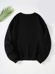 SHEIN Unity 卡通和字母圖案落肩袖運動衫 - 黑色 - 查看 2