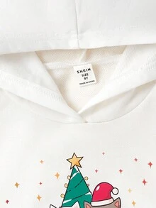 SHEIN 少女圣诞印花袋鼠口袋卫衣 - 白色 - 查看 4