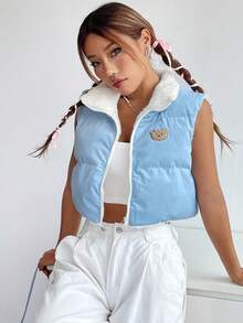 SHEIN EZwear Bear Print Zip Up Crop Vest Padded Coat - Blue - View 5