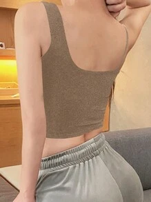 DAZY Chất rắn Viền không đối xứng Crop Tank Top - Màu Khaki - Xem 2