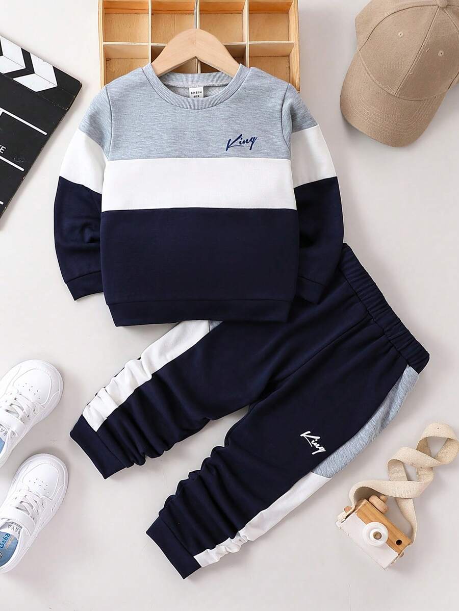 SHEIN Young Boy Letter Graphic Colorblock Sweatshirt & Sweatpants Chic Outfits For Autumn/Winter - Multicolor - View 1