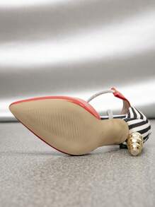 Zapatos de tacón alto con decoración de rhinestones y tacón asimétrico de bloques de color, sandalias de mujer para atuendos de fiesta - Rojo - Ver 3