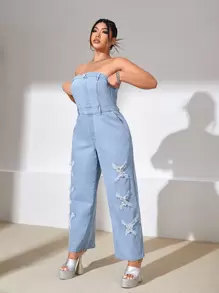 SHEIN ICON 大碼後背打褶破洞牛仔抹胸連體褲 - 藍色 - 查看 5