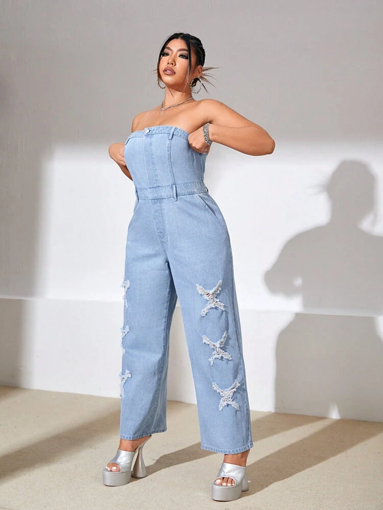 Plus Shirred Back Ripped Denim Tube Jumpsuit