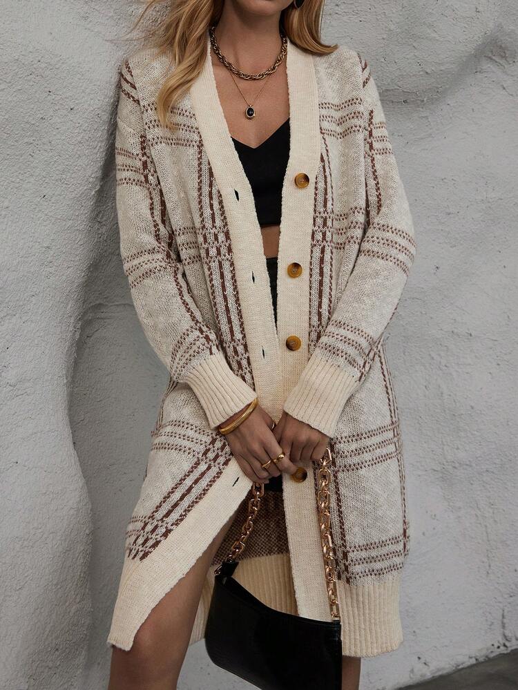 Plaid Pattern Drop Shoulder Cardigan Fall Cloth For Women