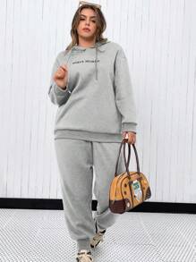 Flirla 大碼字母圖案落肩袖抽繩連帽衫和運動褲 - 淺灰色 - 查看 1