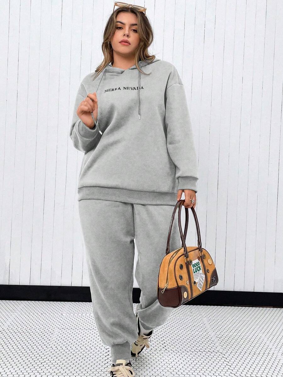Flirla 大碼字母圖案落肩袖抽繩連帽衫和運動褲 - 淺灰色 - 查看 1
