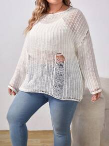 SHEIN EZwear Talla grande Jersey de hombros caídos desgarro sin top de tirantes - Blanco - Ver 2