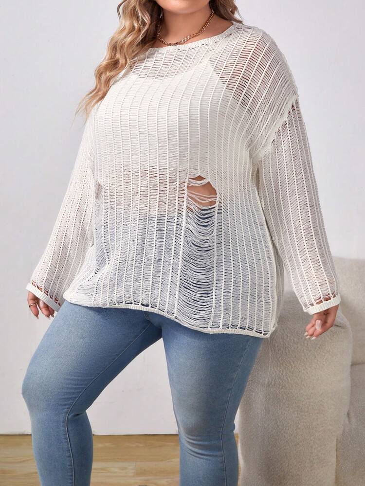 Plus Drop Shoulder Ripped Sweater Without Cami Top