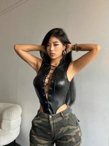 VaVaBold Lace Up Front PU Leather Bodysuit - Black - View 4