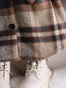 SHEIN Cô Gái Trẻ In kẻ sọc Chi tiết về Flap Thắt lưng Áo khoác Không có áo len - màu nâu - Xem 3