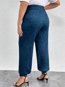 EMERY ROSE Plus Leopard Print Knot Waist Pants - Teal Blue - View 2
