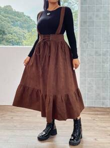 Flirla Hơn Lace lên phía trước Xù Hoa Sen Đầm Tổng thể Without Tee - Cà phê nâu - Xem 4