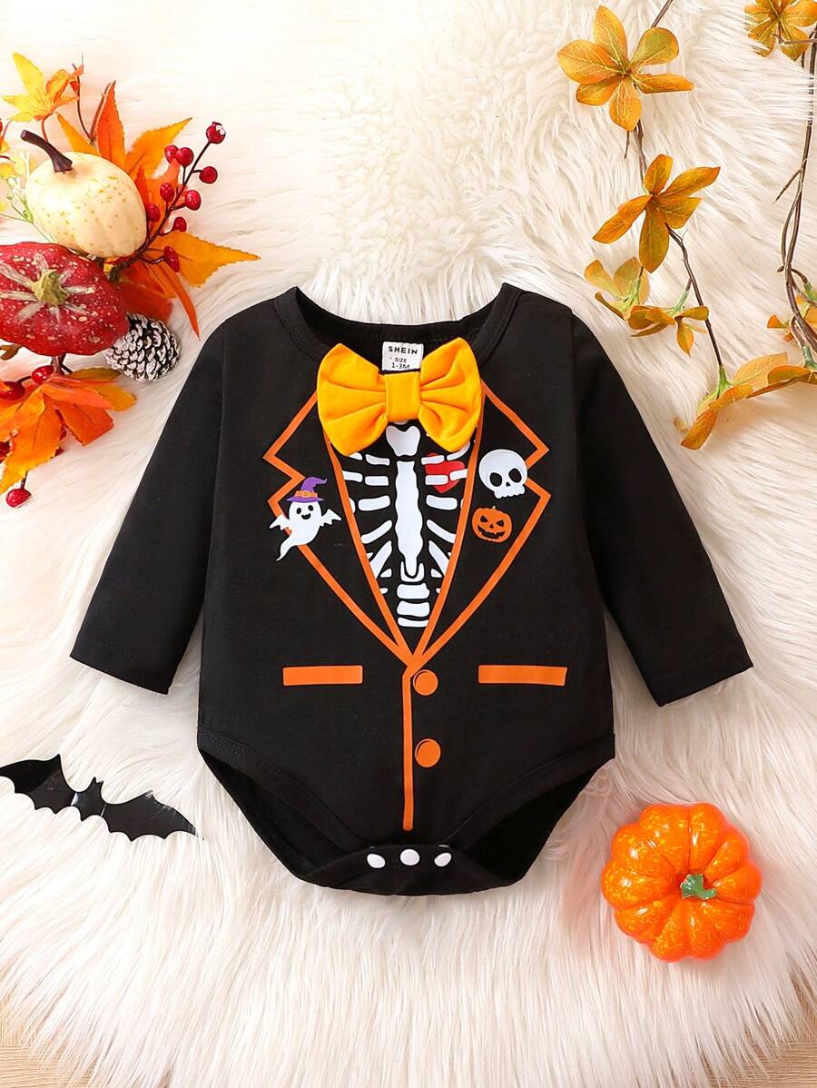男嬰萬聖節骷髅圖案前蝴蝶結連體衣 - 彩色 - 查看 1
