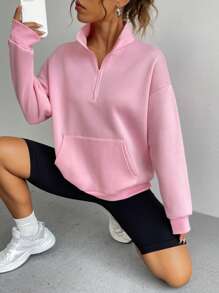 SHEIN EZwear 半拉鏈袋鼠口袋落肩袖運動衫 - 粉色 - 查看 5