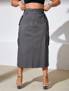 SHEIN ICON 大碼側翻蓋口袋牛仔半身裙 - 灰色 - 查看 5