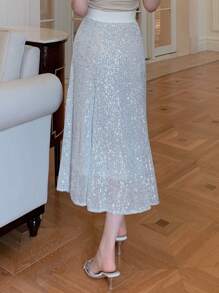 DAZY Wideband Waist Sequin Skirt - Silver - View 2