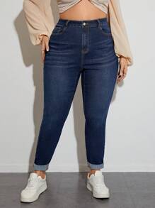 SHEIN Privé Plus Zipper Fly Skinny Jeans - Blue - View 5