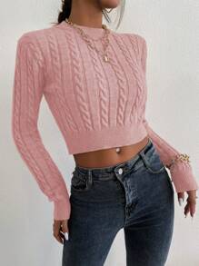 Chiquease 1 chiếc áo len dệt kim ngắn kiểu cáp, thích hợp cho mùa thu đông. - Hồng - Xem 3