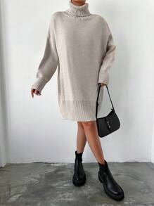 EURMUSE Turtleneck Drop Shoulder Sweater Dress - Beige - View 5