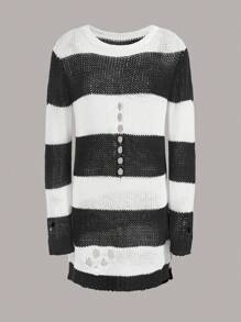 PUNK Vestido de punto con patrón de rayas desgarro sin cinturón - Blanco y Negro - Ver 1