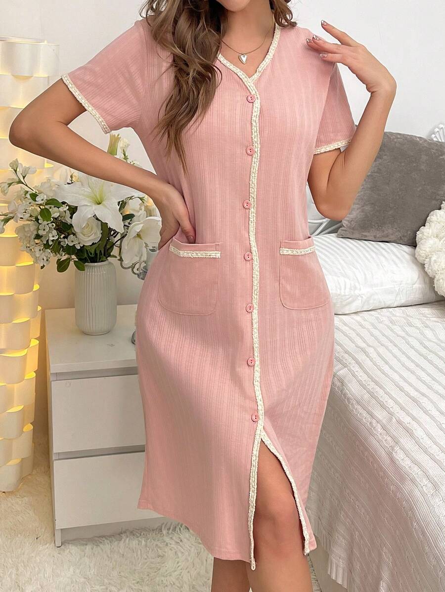 Camisón de noche con botones y ribete de contraste, Moo Moo - Rosa - Ver 1