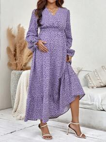 SHEIN 孕婦碎花喇叭袖荷葉邊洋裝 - 淡紫色 - 查看 2