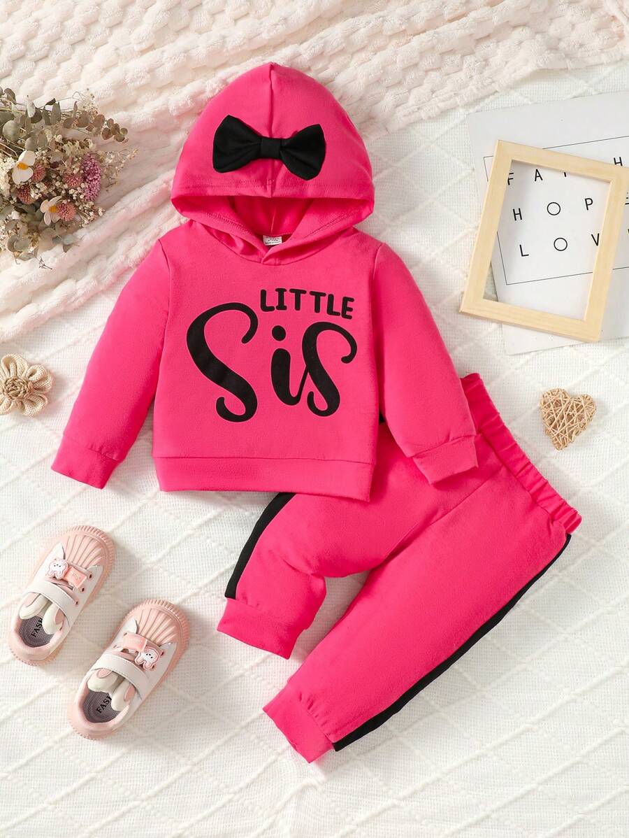 Baby Girl Letter Graphic Bow Detail Hoodie & Contrast Side Seam Sweatpants