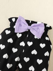 3 piezas Conjunto de ropa para niña bebé con body con gráfico de letra y volantes, pantalones con estampado de corazón y lazo en la parte delantera, y diadema, ropa y conjunto de San Valentín para niños y niñas pequeñas - Morado - Ver 5