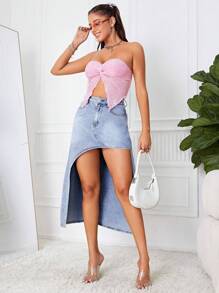 SHEIN ICON 高腰不對稱下擺牛仔裙 - 中等水洗藍 - 查看 4